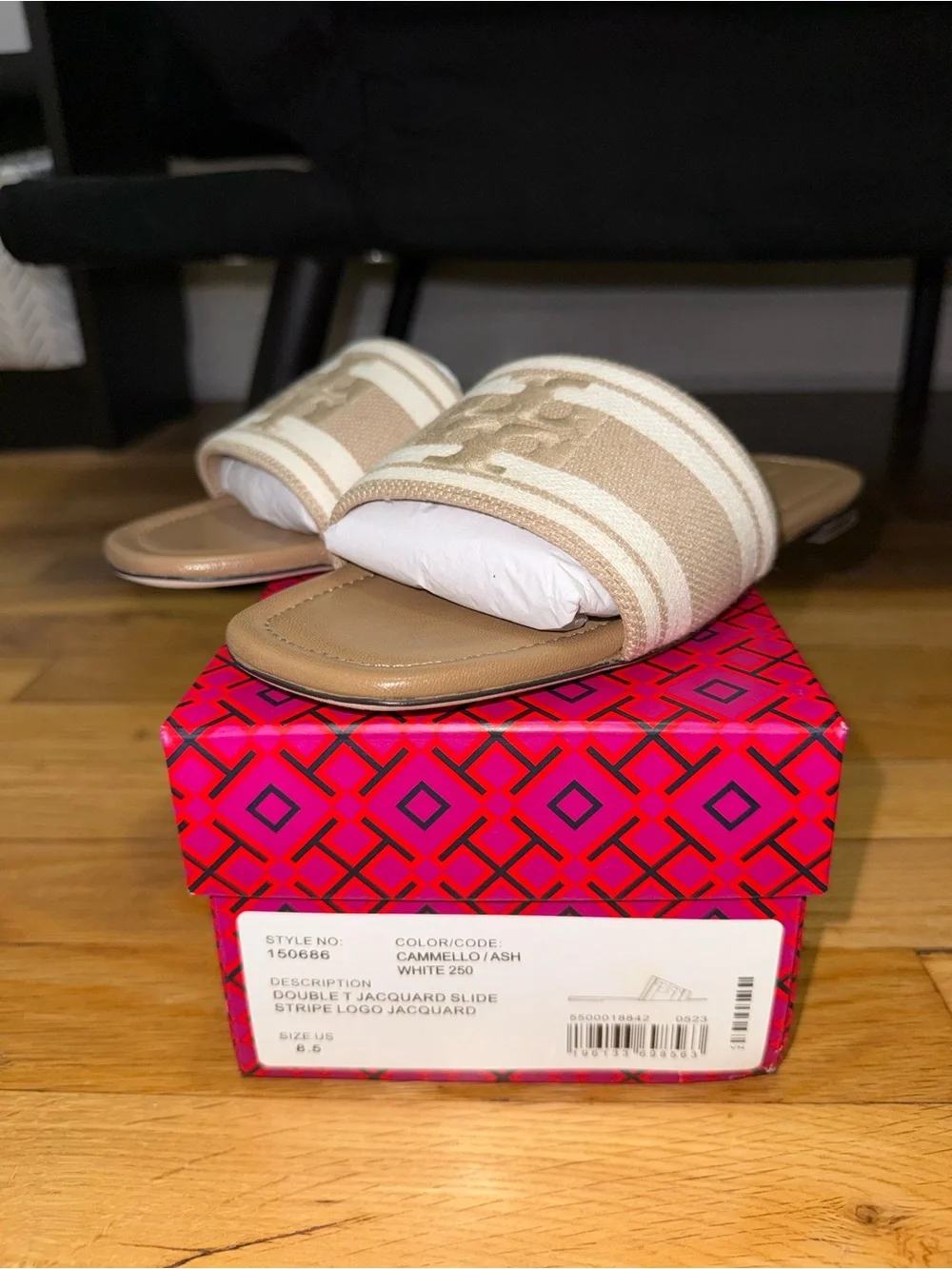 Tory Burch Cammello and Ash White Double-T Jacquard Slide Sandals